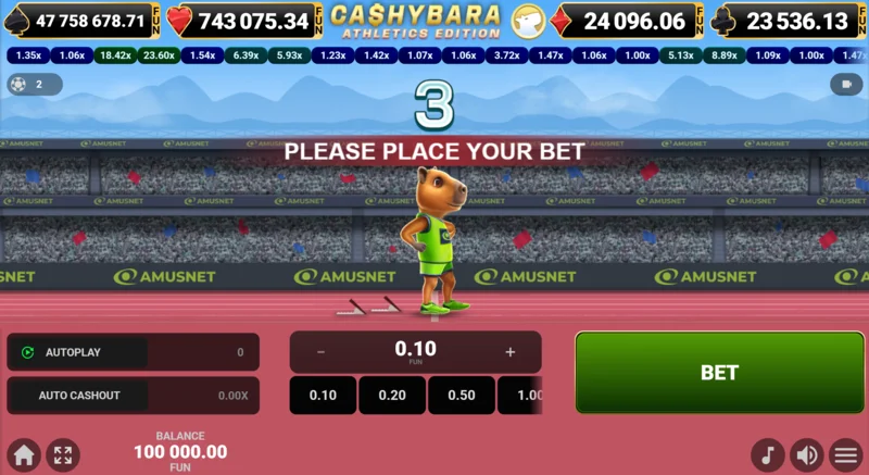 Cashybara Athletics Edition - màn hình chính của cuộc đua với bộ đếm hệ số